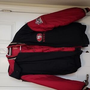 49ers hooded jacket.  Reversible black and red